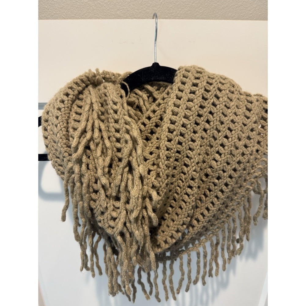 Beige Acrylic Crochet Rectangle Scarf Wrap w/ Fringe - Infiniti style